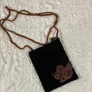 Black Velvet Bag with Brown Floral Accent